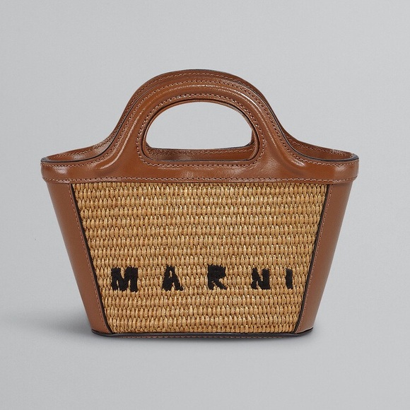 Marni Handbags - Marni Tropicalia Micro Bag in brown leather and raffia-effect fabric